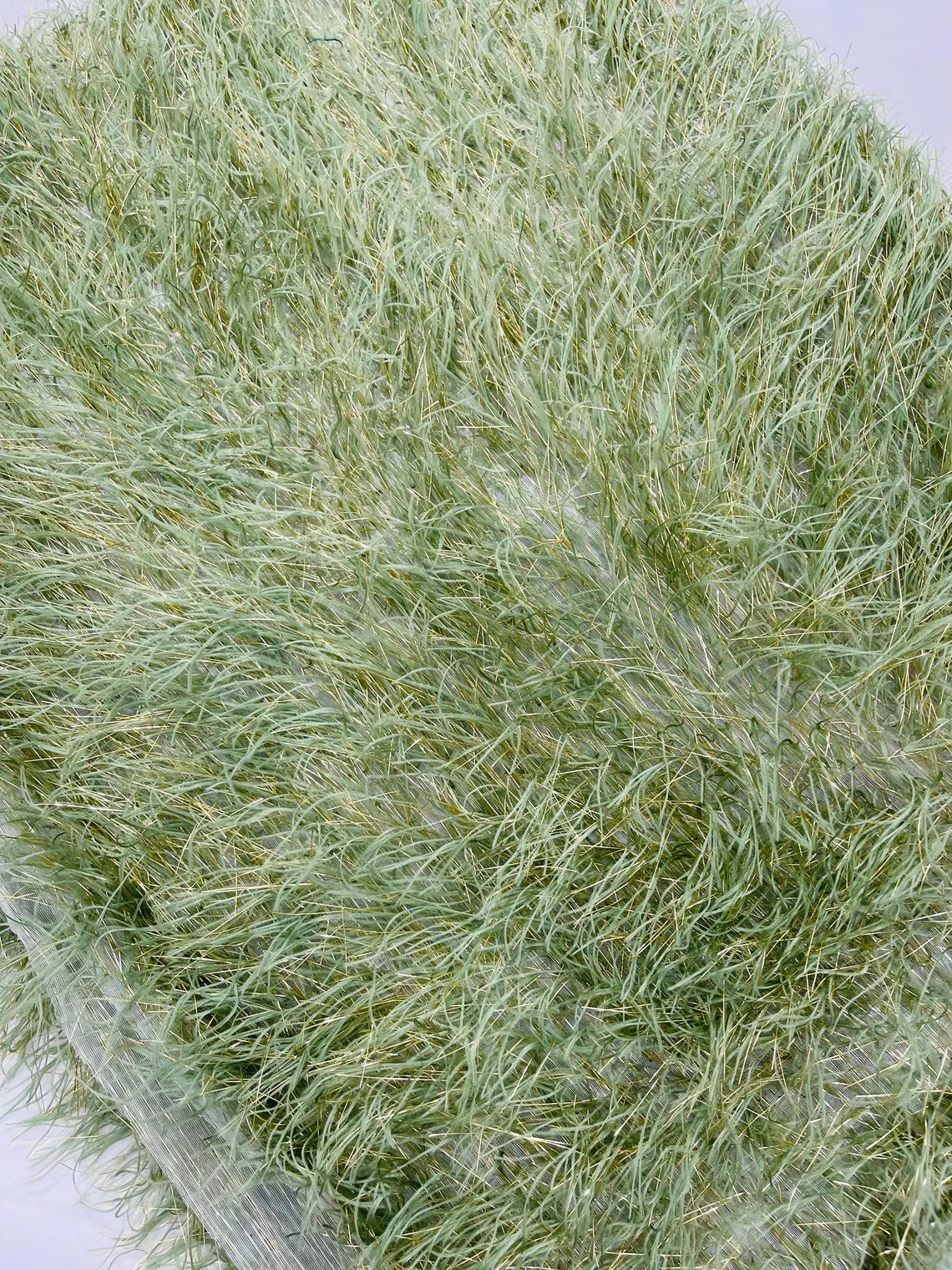 Metallic Eyelash Fabric - Sage Green / Gold - Feather/Eyelash/Fringe Design on Mesh By Yard