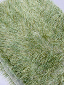 Metallic Eyelash Fabric - Sage Green / Gold - Feather/Eyelash/Fringe Design on Mesh By Yard