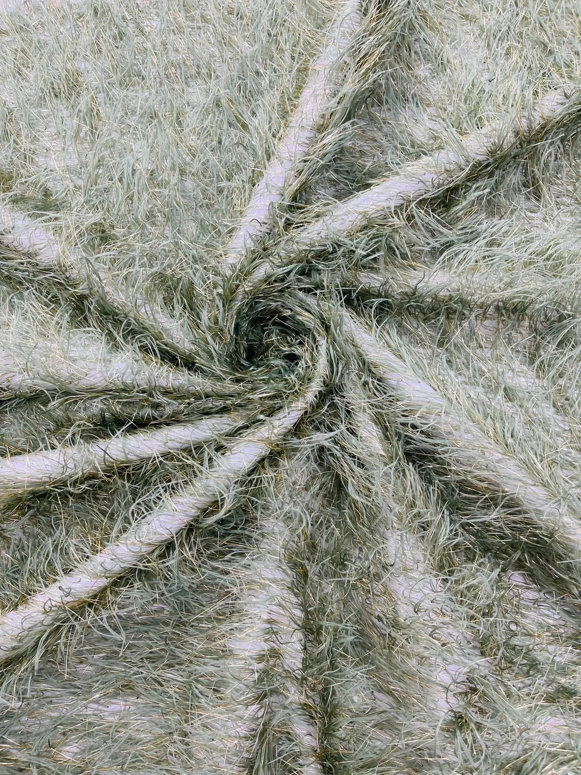 Metallic Eyelash Fabric - Sage Green / Gold - Feather/Eyelash/Fringe Design on Mesh By Yard