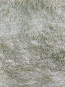 Metallic Eyelash Fabric - Sage Green / Gold - Feather/Eyelash/Fringe Design on Mesh By Yard