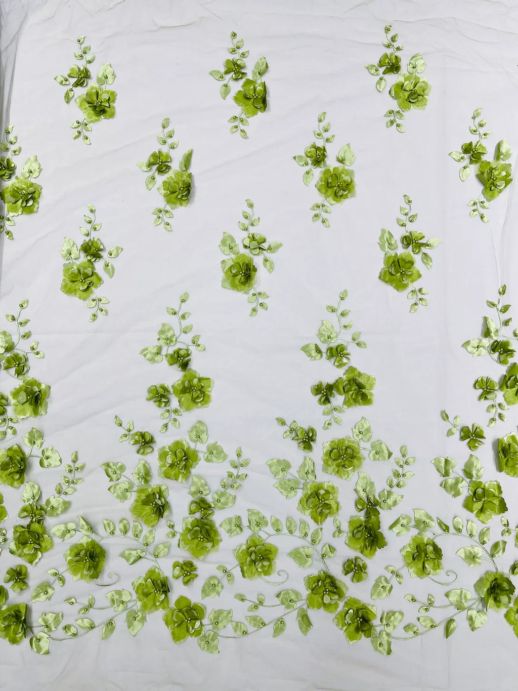 3D Floral Pearl Fabric - Sage - Embroidered Floral Pearl Fabric Single Border On Mesh By Yard