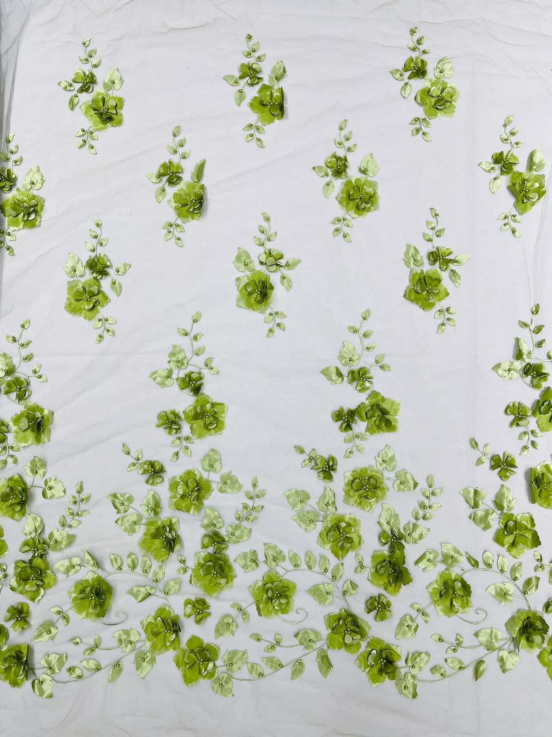 3D Floral Pearl Fabric - Sage - Embroidered Floral Pearl Fabric Single Border On Mesh By Yard