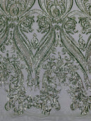 Big Damask Sequins Fabric - Sage Green - 4 Way Stretch Damask Sequins Design Fabric By Yard