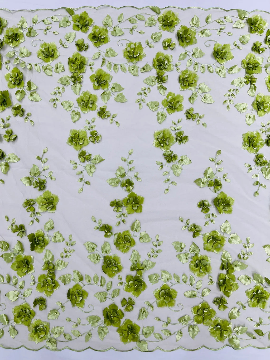 3D Floral Pearl Fabric - Sage - Embroidered Floral Pearl Fabric Double Border On Mesh By Yard