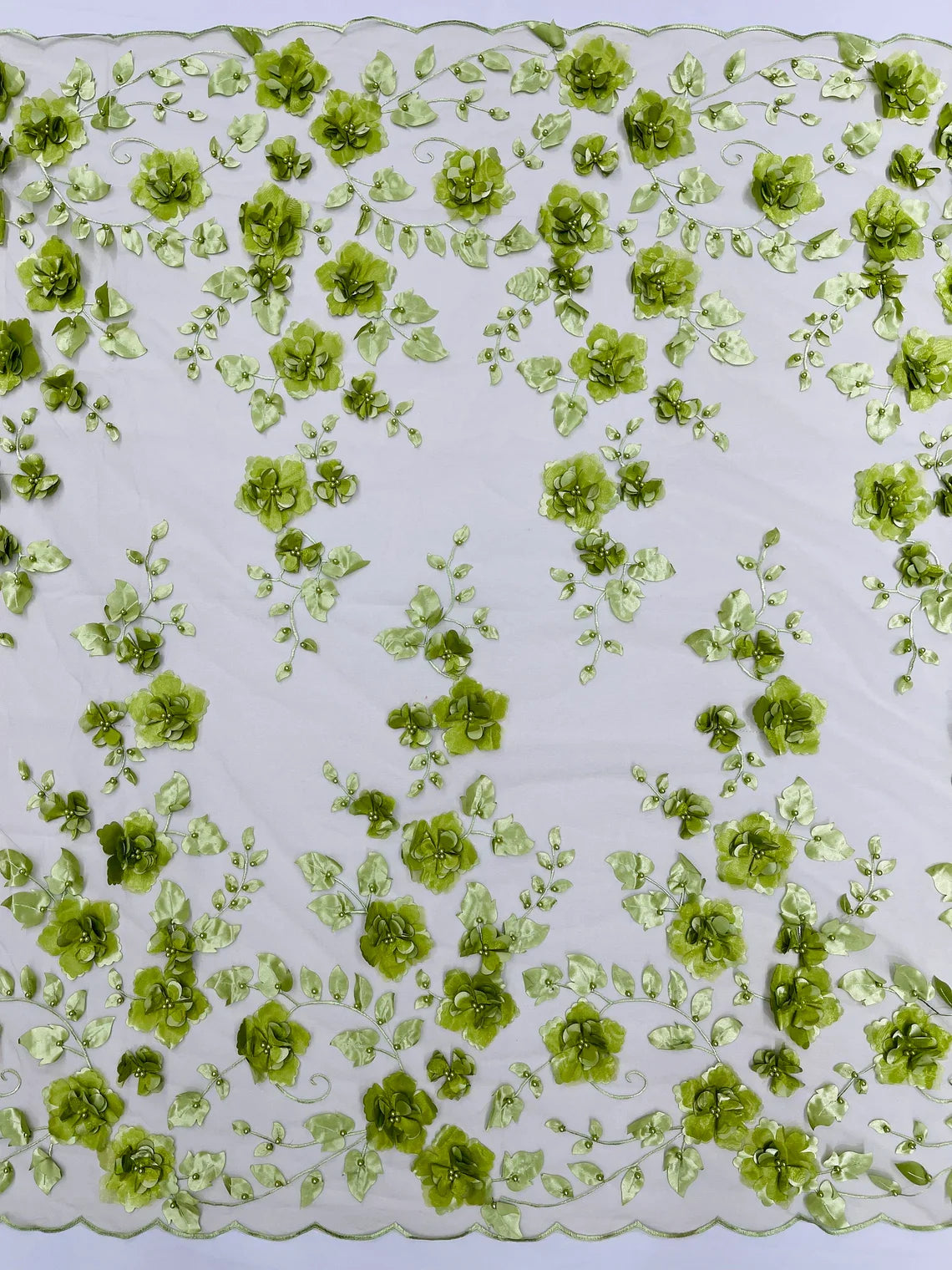 3D Floral Pearl Fabric - Sage - Embroidered Floral Pearl Fabric Double Border On Mesh By Yard
