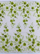 3D Floral Pearl Fabric - Sage - Embroidered Floral Pearl Fabric Double Border On Mesh By Yard