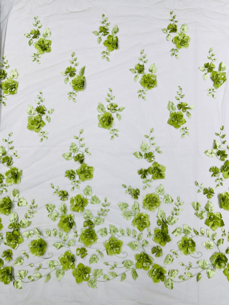 3D Floral Pearl Fabric - Sage - Embroidered Floral Pearl Fabric Single Border On Mesh By Yard
