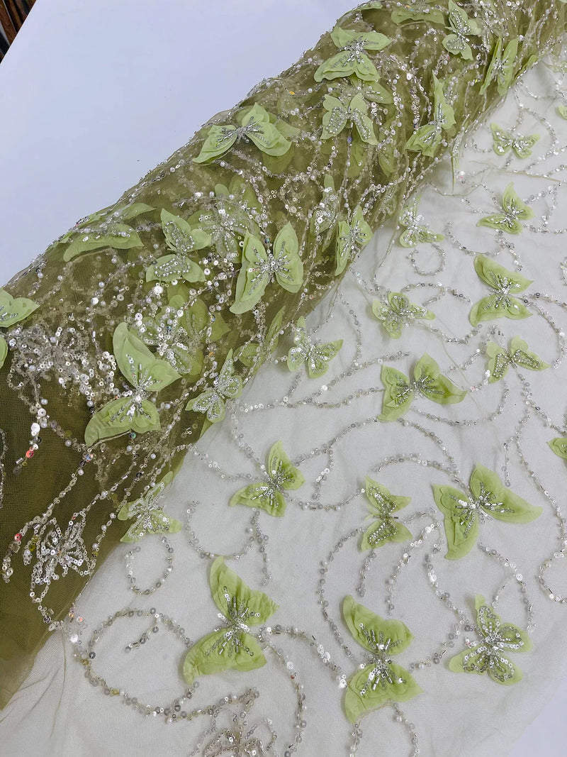3D Butterfly Beaded Fabric - Sage Green - Beaded Sequins Butterfly Embroidered Fabric By Yard