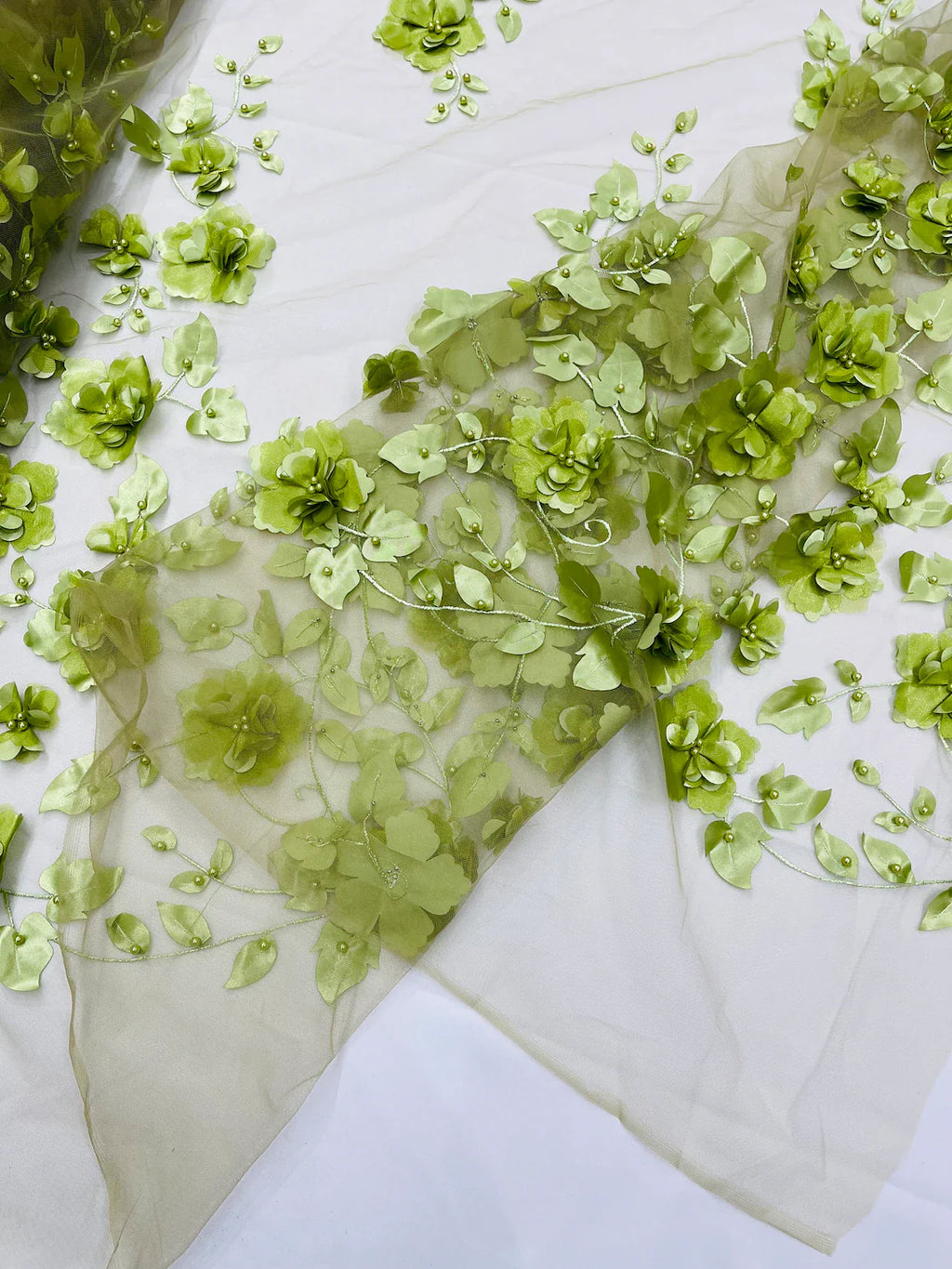 3D Floral Pearl Fabric - Sage - Embroidered Floral Pearl Fabric Single Border On Mesh By Yard