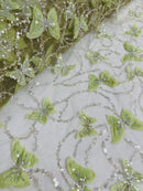 3D Butterfly Beaded Fabric - Sage Green - Beaded Sequins Butterfly Embroidered Fabric By Yard