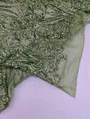 Big Damask Sequins Fabric - Sage Green - 4 Way Stretch Damask Sequins Design Fabric By Yard