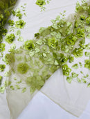 3D Floral Pearl Fabric - Sage - Embroidered Floral Pearl Fabric Single Border On Mesh By Yard