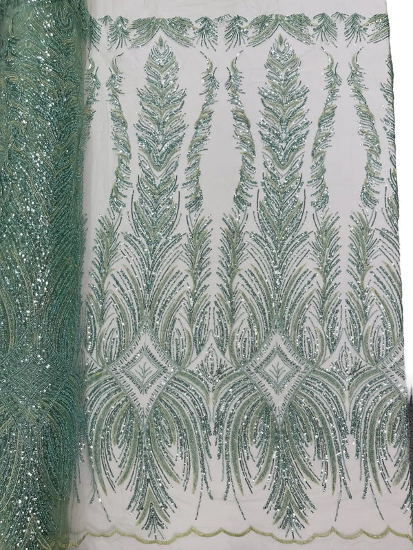 Beaded Lines Fabric - Sage Green - Luxury Beads and Sequins Line Design Fabric By Yard