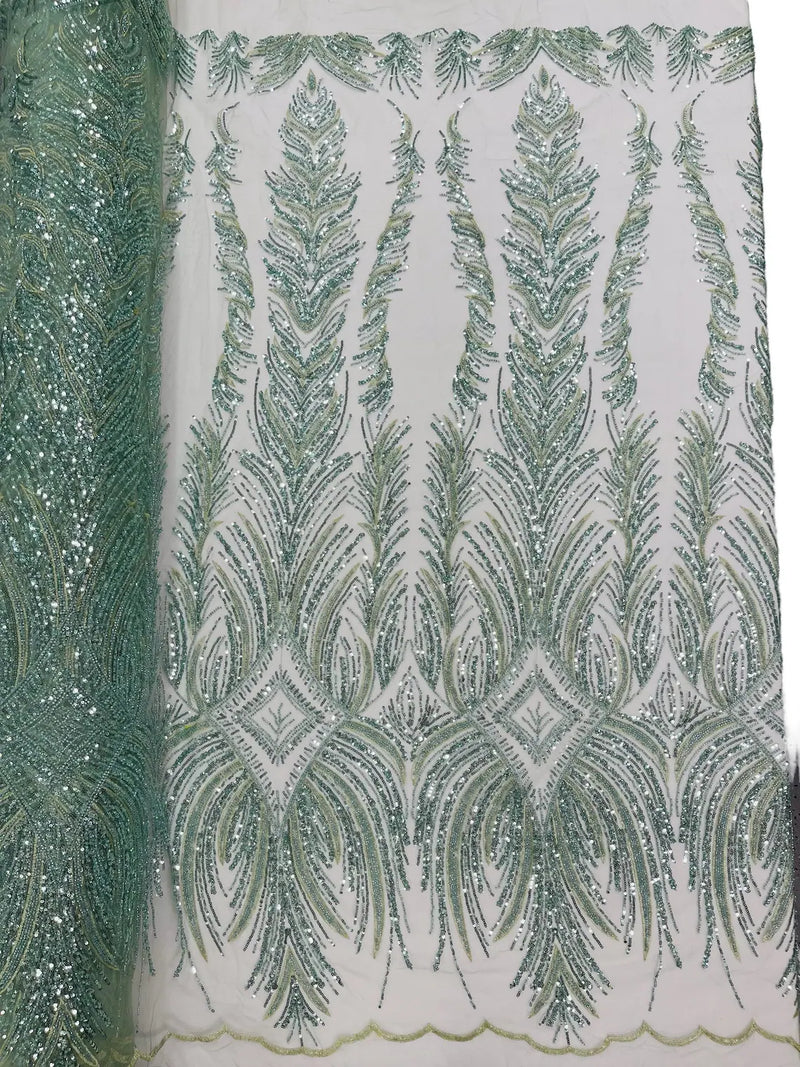 Beaded Lines Fabric - Sage Green - Luxury Beads and Sequins Line Design Fabric By Yard