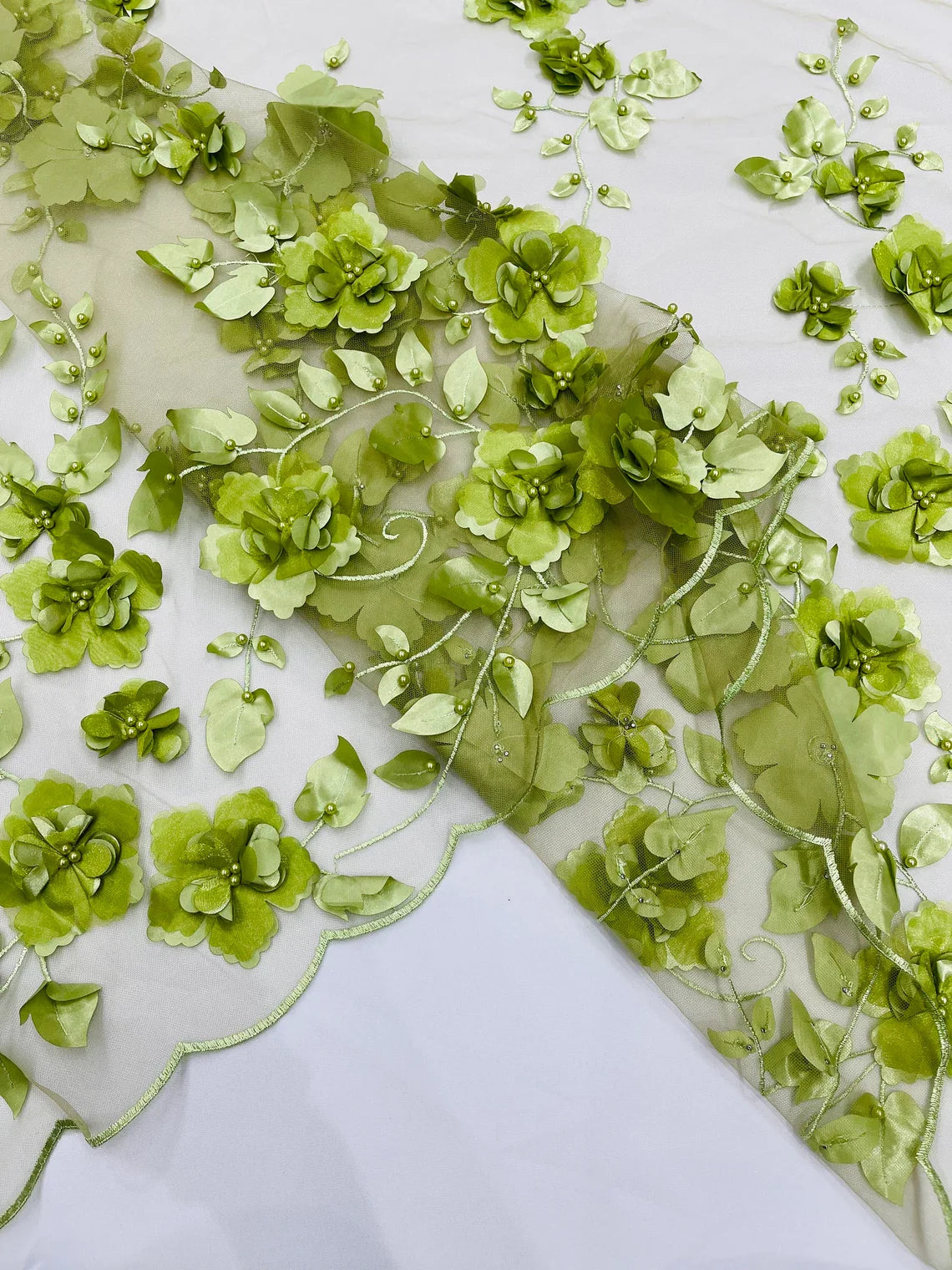 3D Floral Pearl Fabric - Sage - Embroidered Floral Pearl Fabric Double Border On Mesh By Yard