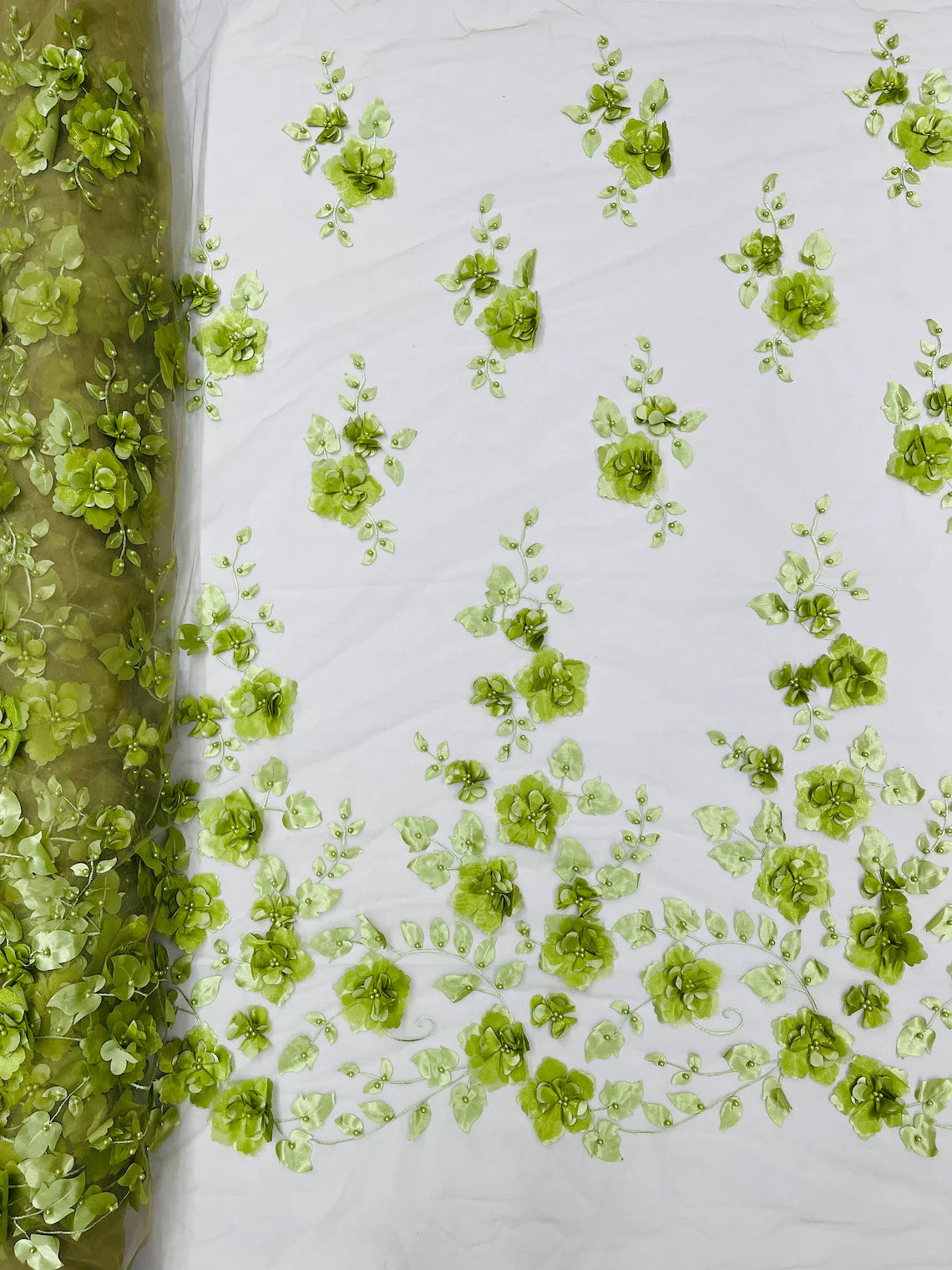 3D Floral Pearl Fabric - Sage - Embroidered Floral Pearl Fabric Single Border On Mesh By Yard