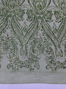 Big Damask Sequins Fabric - Sage Green - 4 Way Stretch Damask Sequins Design Fabric By Yard