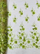 3D Floral Pearl Fabric - Sage - Embroidered Floral Pearl Fabric Single Border On Mesh By Yard