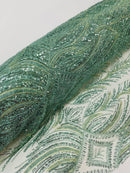 Beaded Lines Fabric - Sage Green - Luxury Beads and Sequins Line Design Fabric By Yard