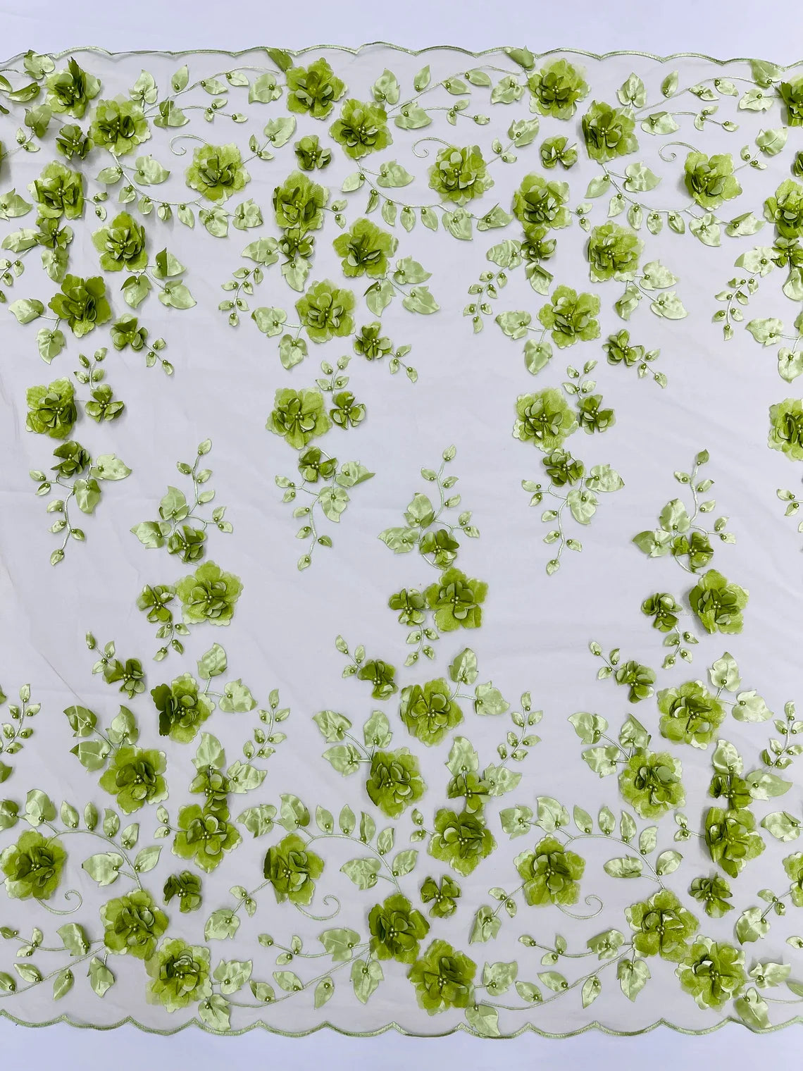 3D Floral Pearl Fabric - Sage - Embroidered Floral Pearl Fabric Double Border On Mesh By Yard