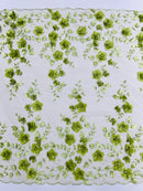 3D Floral Pearl Fabric - Sage - Embroidered Floral Pearl Fabric Double Border On Mesh By Yard