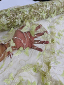 3D Butterfly Beaded Fabric - Sage Green - Beaded Sequins Butterfly Embroidered Fabric By Yard