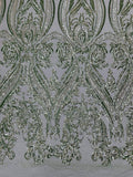 Big Damask Sequins Fabric - Sage Green - 4 Way Stretch Damask Sequins Design Fabric By Yard