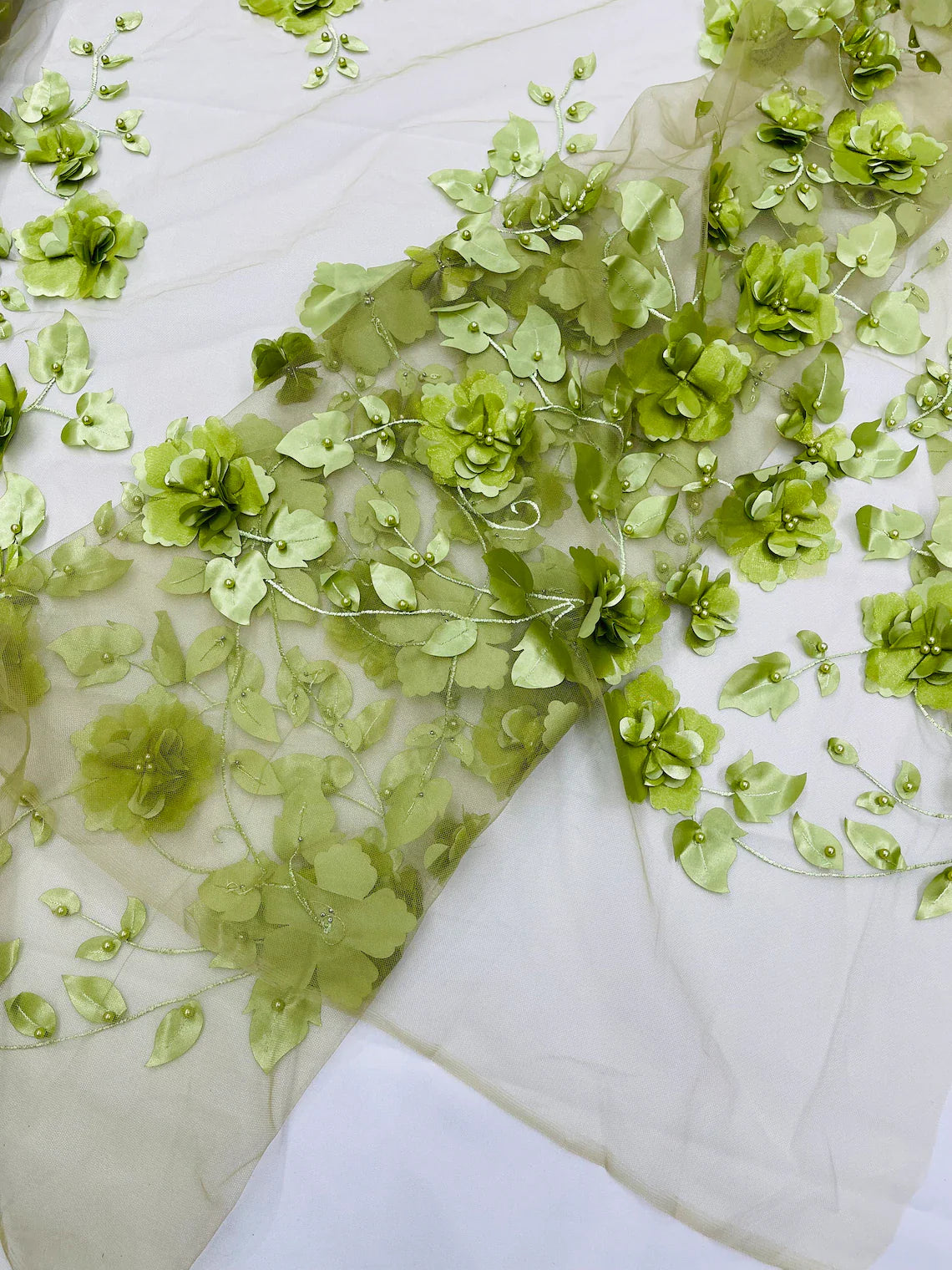3D Floral Pearl Fabric - Sage - Embroidered Floral Pearl Fabric Single Border On Mesh By Yard