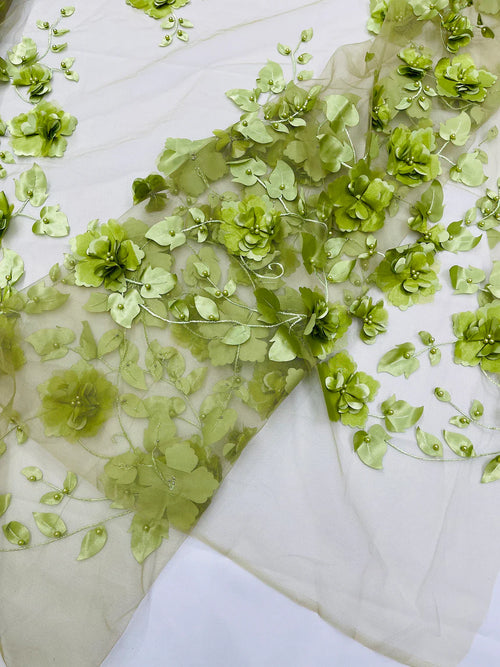 3D Floral Pearl Fabric - Sage - Embroidered Floral Pearl Fabric Single Border On Mesh By Yard