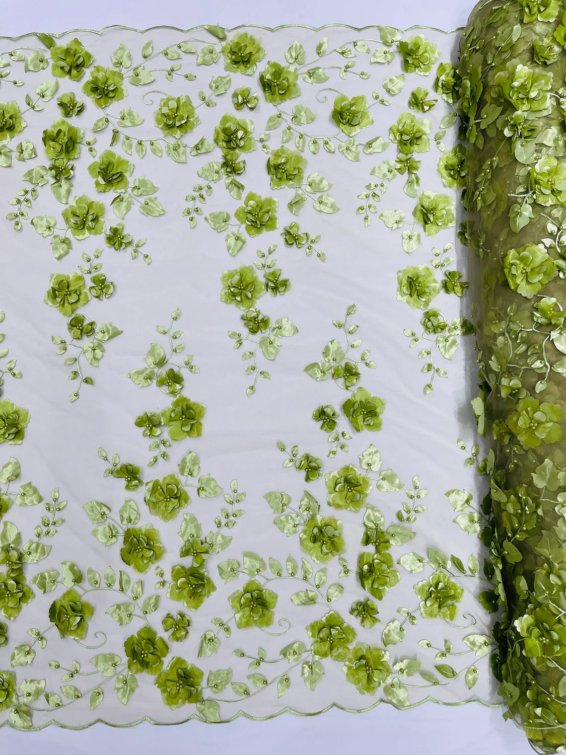 3D Floral Pearl Fabric - Sage - Embroidered Floral Pearl Fabric Double Border On Mesh By Yard