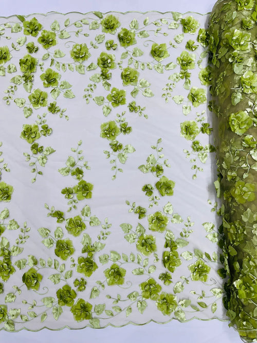 3D Floral Pearl Fabric - Sage - Embroidered Floral Pearl Fabric Double Border On Mesh By Yard