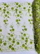 3D Floral Pearl Fabric - Sage - Embroidered Floral Pearl Fabric Double Border On Mesh By Yard