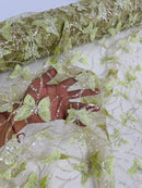 3D Butterfly Beaded Fabric - Sage Green - Beaded Sequins Butterfly Embroidered Fabric By Yard