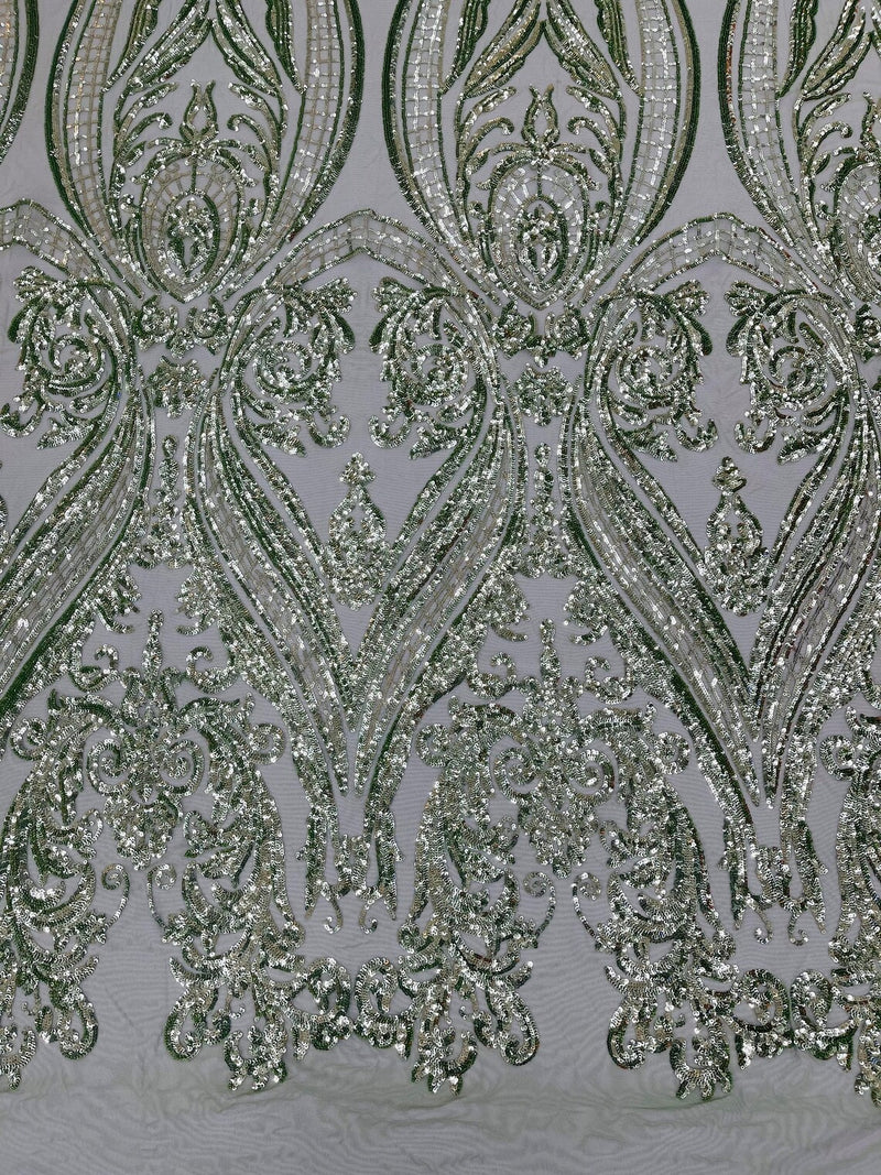 Big Damask Sequins Fabric - Sage Green - 4 Way Stretch Damask Sequins Design Fabric By Yard