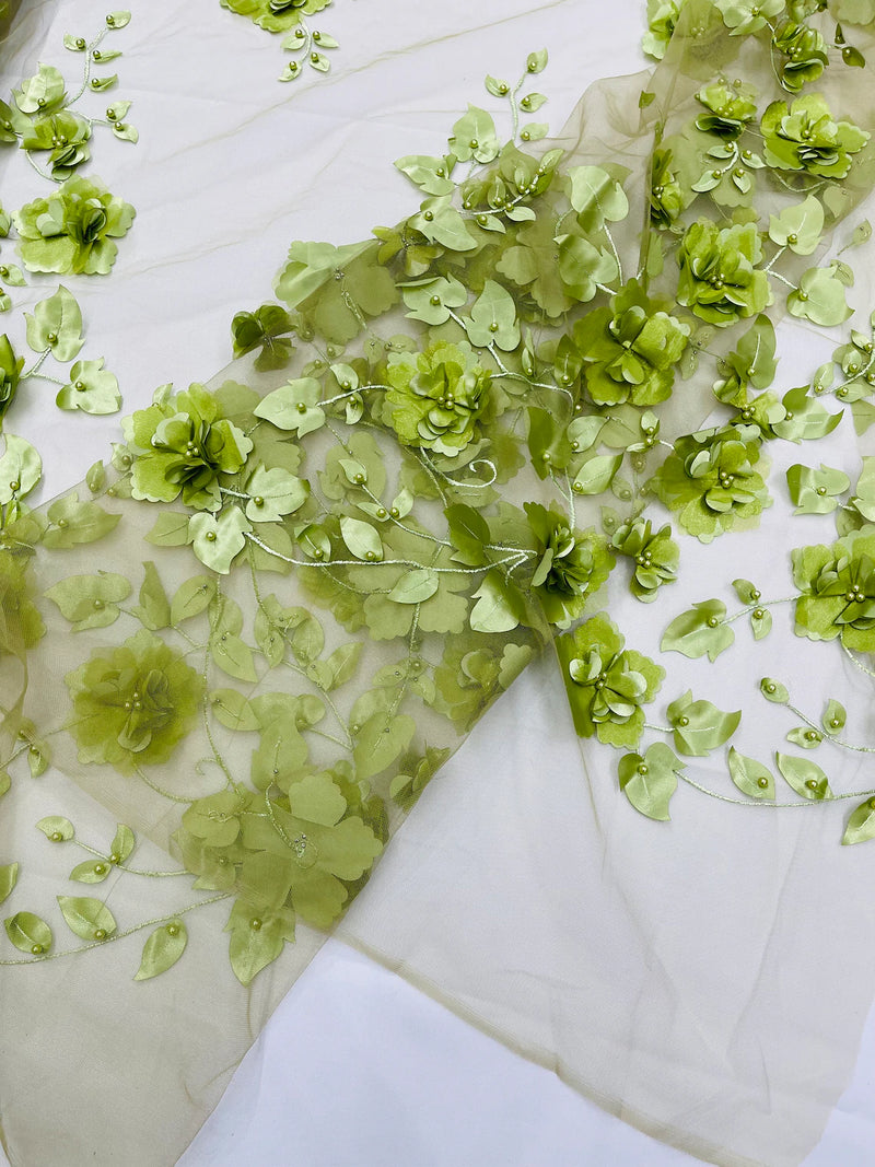 3D Floral Pearl Fabric - Sage - Embroidered Floral Pearl Fabric Single Border On Mesh By Yard