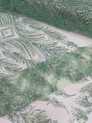 Beaded Lines Fabric - Sage Green - Luxury Beads and Sequins Line Design Fabric By Yard