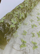 3D Butterfly Beaded Fabric - Sage Green - Beaded Sequins Butterfly Embroidered Fabric By Yard