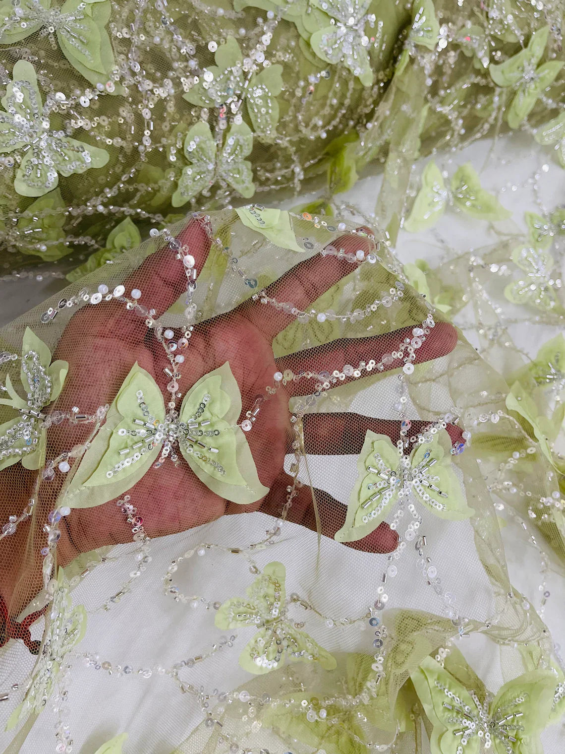 3D Butterfly Beaded Fabric - Sage Green - Beaded Sequins Butterfly Embroidered Fabric By Yard