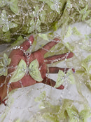 3D Butterfly Beaded Fabric - Sage Green - Beaded Sequins Butterfly Embroidered Fabric By Yard