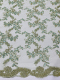 Floral Sequins Lace Fabric - Sage Green - Embroidery Flower Clusters Design with Shiny Sequins  Fabric Sold By Yard