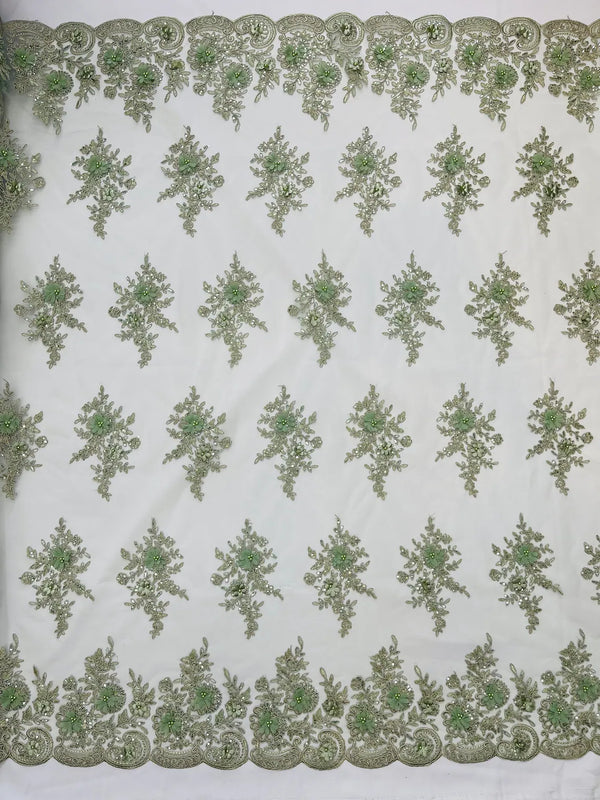 3D Floral Fabric with Floral Border - Sage Green - Embroidered Floral Fabric with Sequin and Beads By Yard