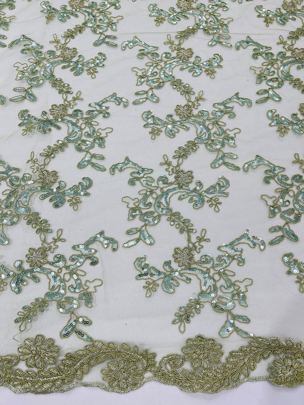 Floral Sequins Lace Fabric - Sage Green - Embroidery Flower Clusters Design with Shiny Sequins  Fabric Sold By Yard