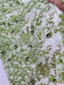 3D Flower Rhinestone Design - Sage Green - Embroidered Flower Sequins Lace Fabric By Yard