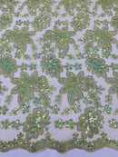 Corded Lace Floral Fabric - Sage Green - Hologram Sequins Metallic Thread Floral Fabric by Yard
