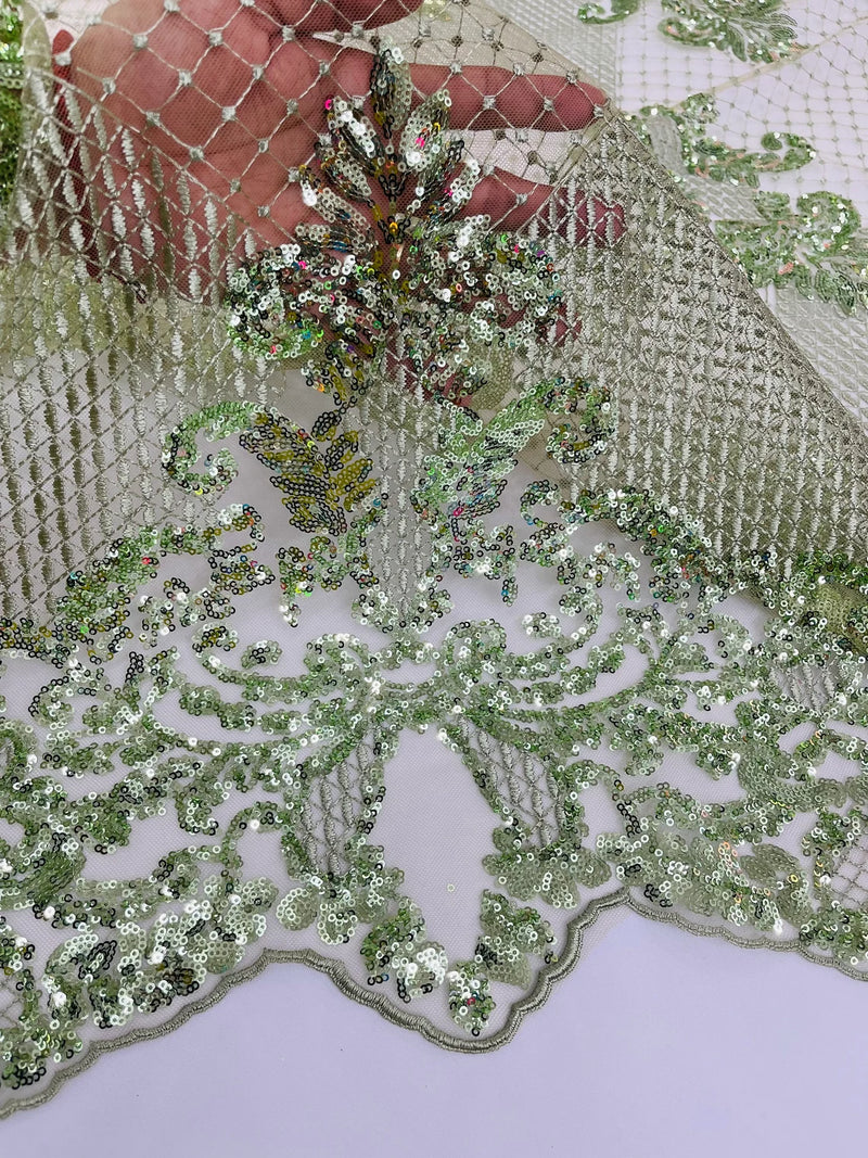 King Damask Design Fabric - Sage Green - Embroidered Corded Mesh Lace Fabric with Sequins By Yard