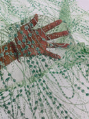 Tulle Glitter Fancy Line Fabric - Sage Green - Tulle Fabric with Sparkle Glitter Design Sold By Yard