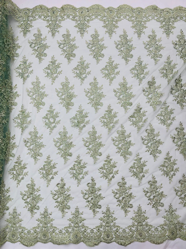 Sage Green Floral Lace Fabric - by the yard - Corded Flower Embroidery Design With Sequins on a Mesh