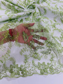 Floral Metallic Lace Fabric - Sage Green - Corded Embroidered Floral Sequins Fabric by Yard
