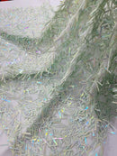 Sword Large Shiny Sequins - Sage Green - Hanging Iridescent Sequins On Lace Fabric By Yard