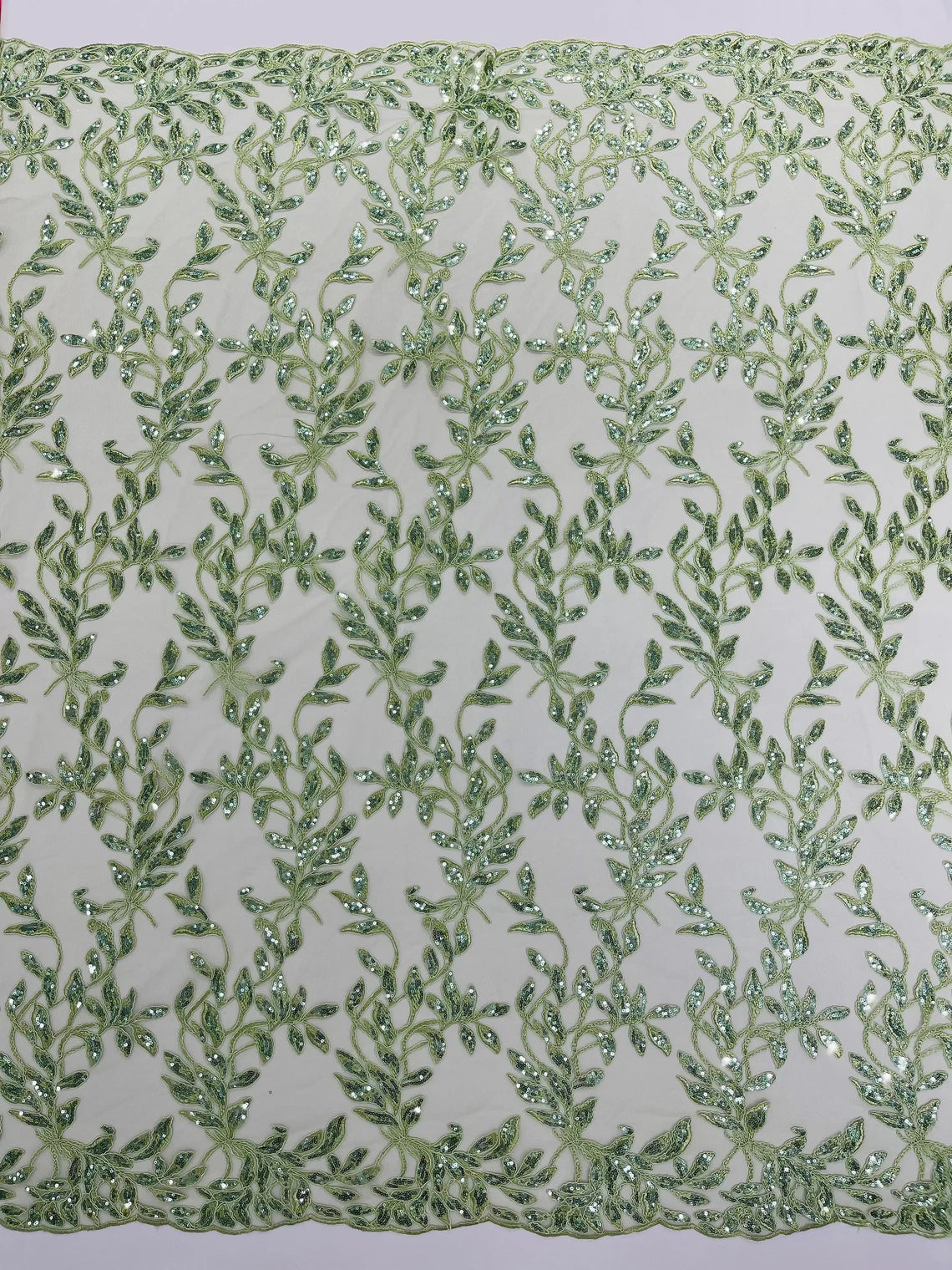 Metallic Thread Leaf Design - Sage Green - Embroidered Leaf With Sequi